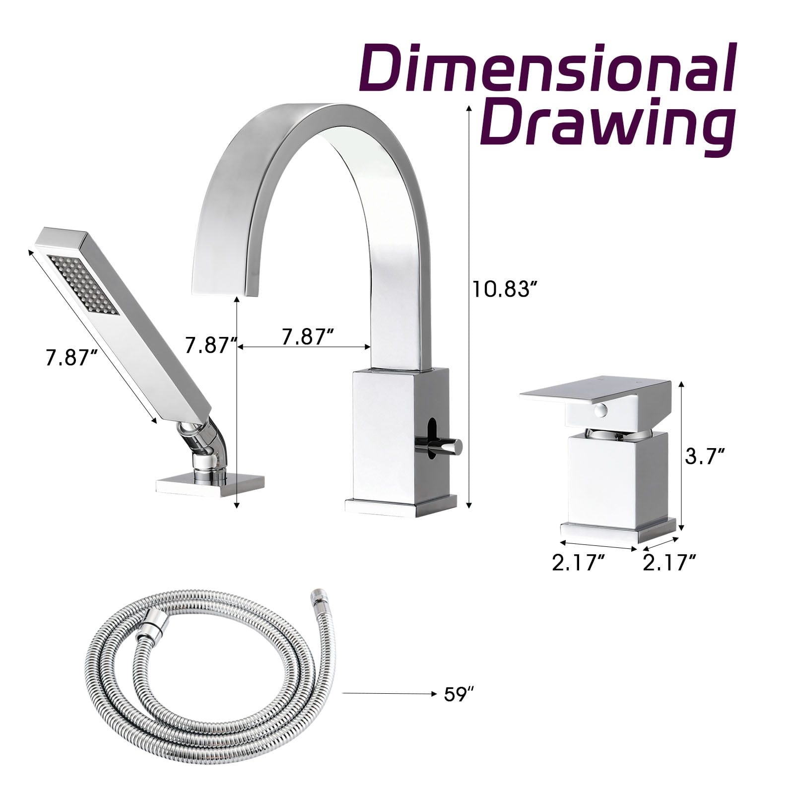 Waterfall Bathtub Faucet with Sprayer, 3-Hole Roman Tub Filler with Hand Shower Deck Mount Waterfall Tub Spout Set
