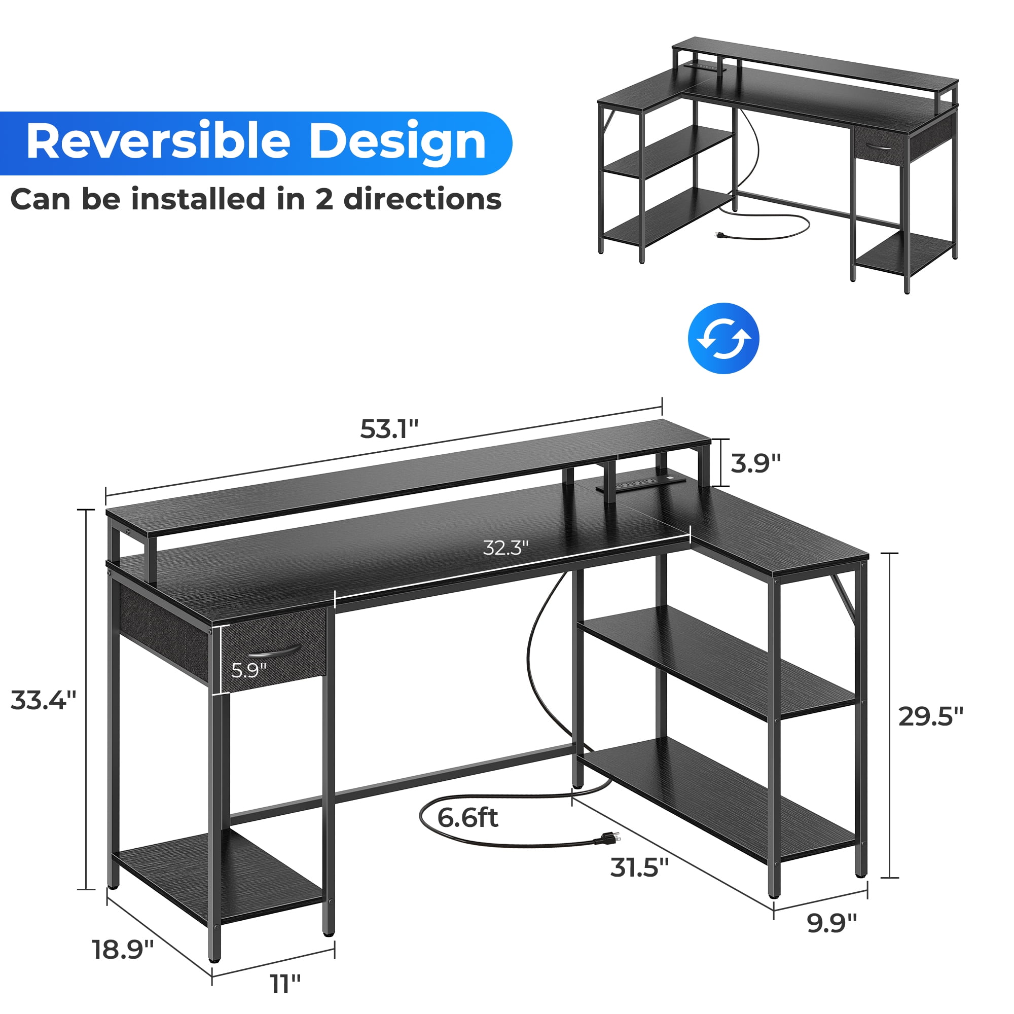 SUPERJARE L-Shaped Gaming Desk, LED Computer Desk with Power Outlets, Office Corner Desk with Drawer, Reversible L Shape Desk in Black