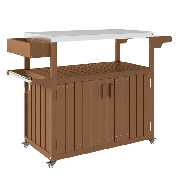 Outdoor Bar Cart with Storage, Stainless Steel Kitchen Island, Wheeled Patio Bar for Outdoor Entertaining, Brown