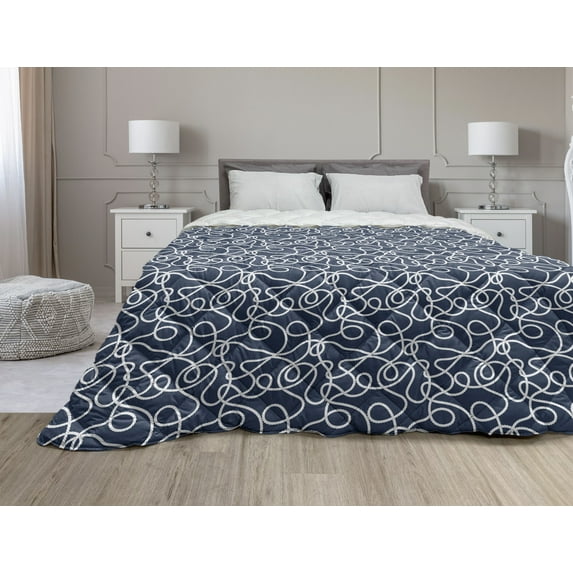 Navy Down Alternative Comforter, Hibiscus Hawaiian Tropical Island Flowers Petals and Buds Leaves Art Print, Microfiber Quilt for All Season, 5 Sizes, Dark Blue and Sky Blue, by Ambesonne