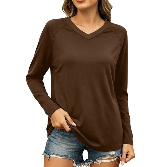 Vivianyo HD Women's Soft Fleece Raglan Fall Long Sleeve Shirt, V Neck Side Slit Warm Loose Casual Pullover Tops for Women, Women's Brown, Sizes S-2XL