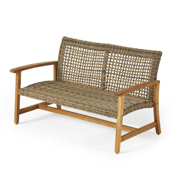 Zaiden Outdoor Wood and Wicker Loveseat, Natural Finish with Gray Wicker