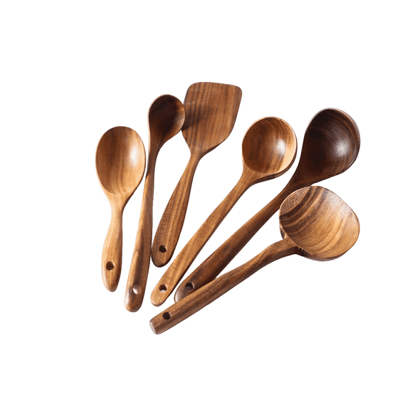 Natural Wooden Kitchen Utensil Set - Japanese Non-Stick & Korean Long Handle Cooking Tools, Eco-Friendly Non-Scratch Spatula, Soup Spoon, Rice Paddle for Nonstick Cookware (6-Piece)