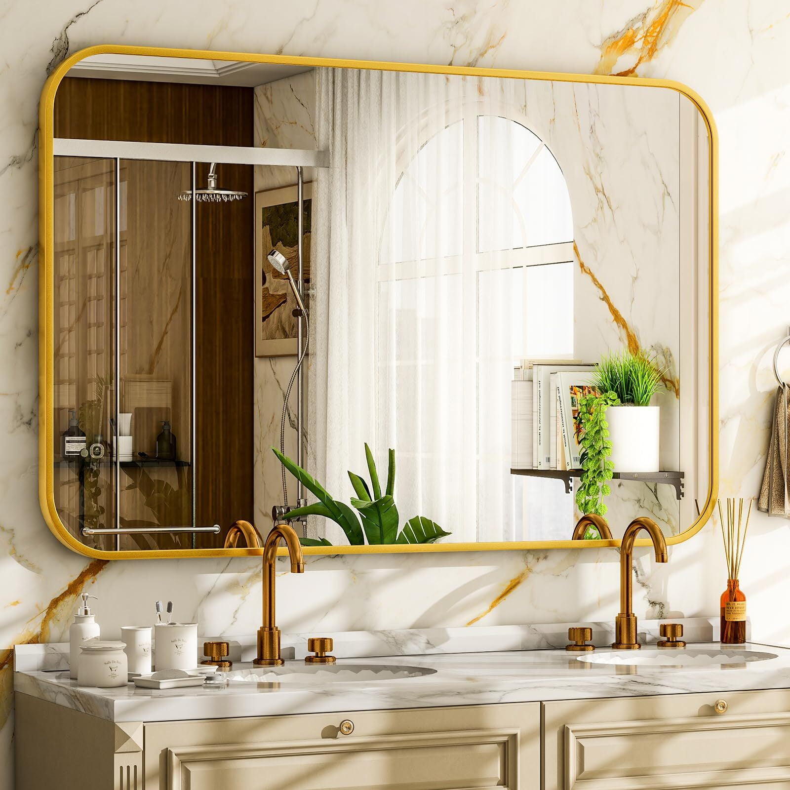 Anyrose Bathroom Mirror for Wall, 30 x 40 Inch Metal Framed Rectangle Mirror, Wall Mounted Vanity Mirror for Bathroom,Gold