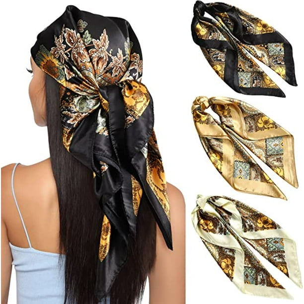 AWAYTR 35” Large Square Satin Head Scarf 3Pcs Satin Hair Scarves Silk