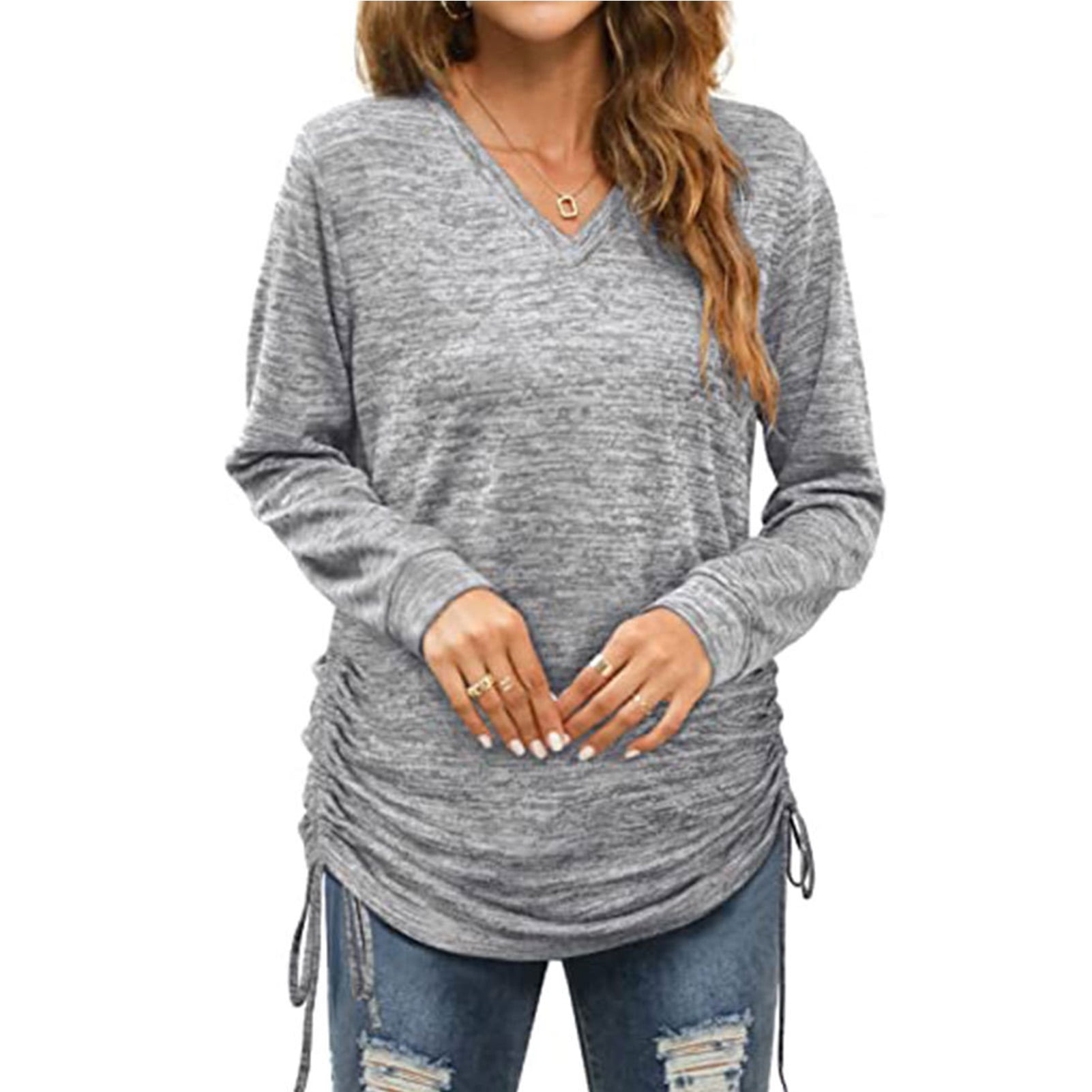 Women Long Sleeve Drawstring Side Ruched Top V Neck Women Ruched Side Tie  Top for Female Light Gray XXL - Walmart.ca
