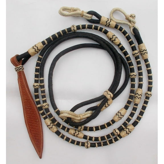Black Rawhide Romel Reins – 8.5-9 Ft Hand-Braided Ranch Rope with Natural Knots