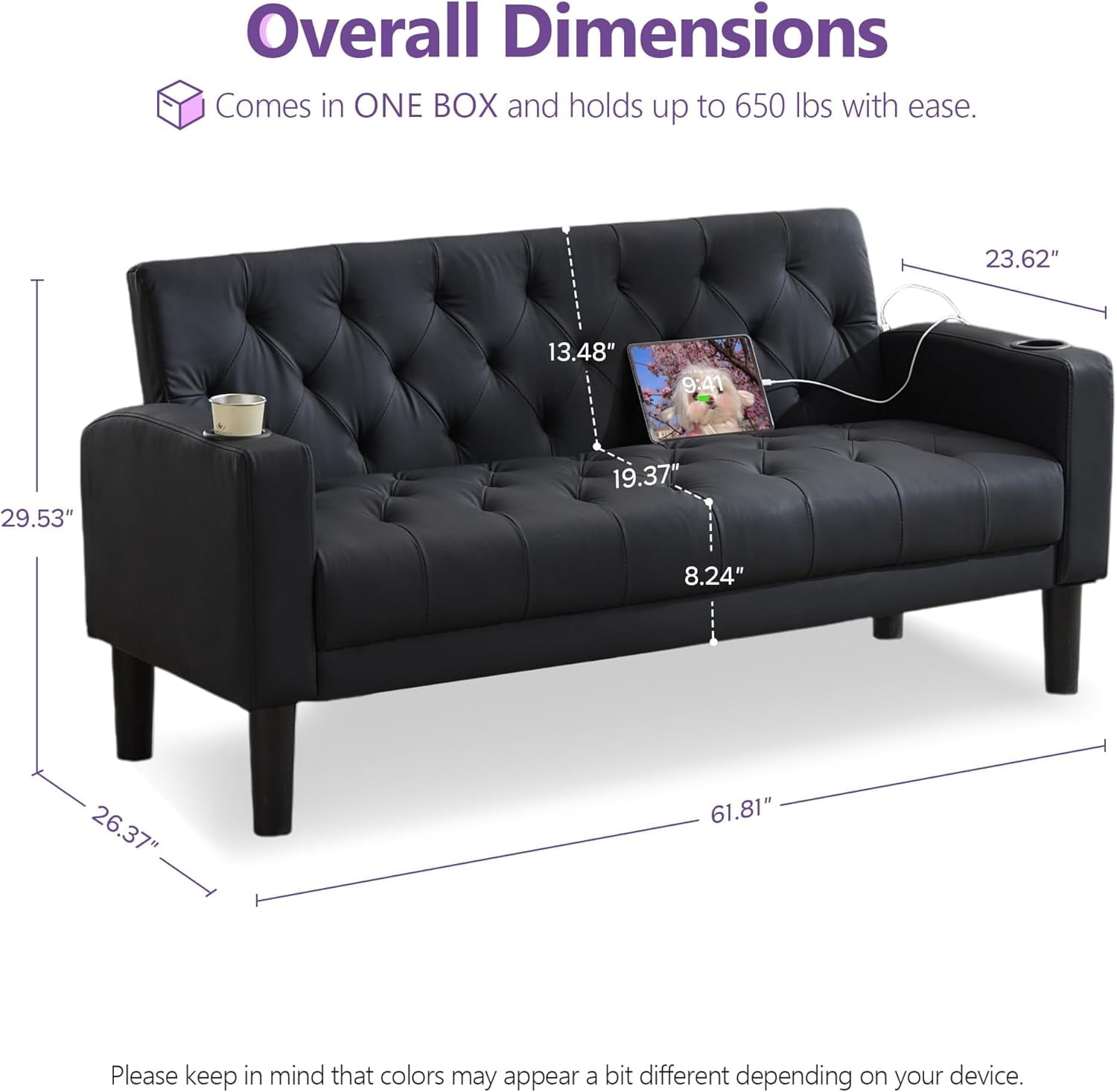 LAZZO 62" Loveseat Sofa, Tufted Couch with USB Ports and Cupholders for Living Room, Office and Bedroom, Black
