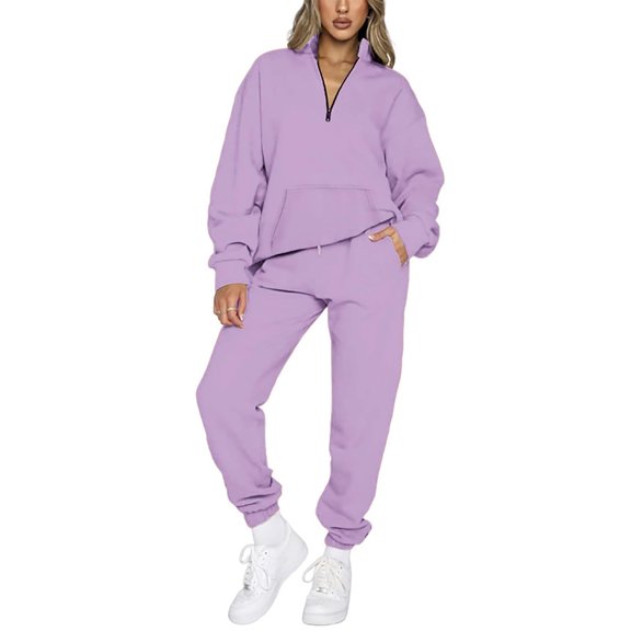 successthop Womens Sweatsuit Sets with Zipper Tops Solid Color Half Zip Lapel Neck Long Sleeve Sweatshirts and Jogger Sweatpants Casual Comfy Outfits Activewear Tracksuit Jogging Suits Sweatsuits