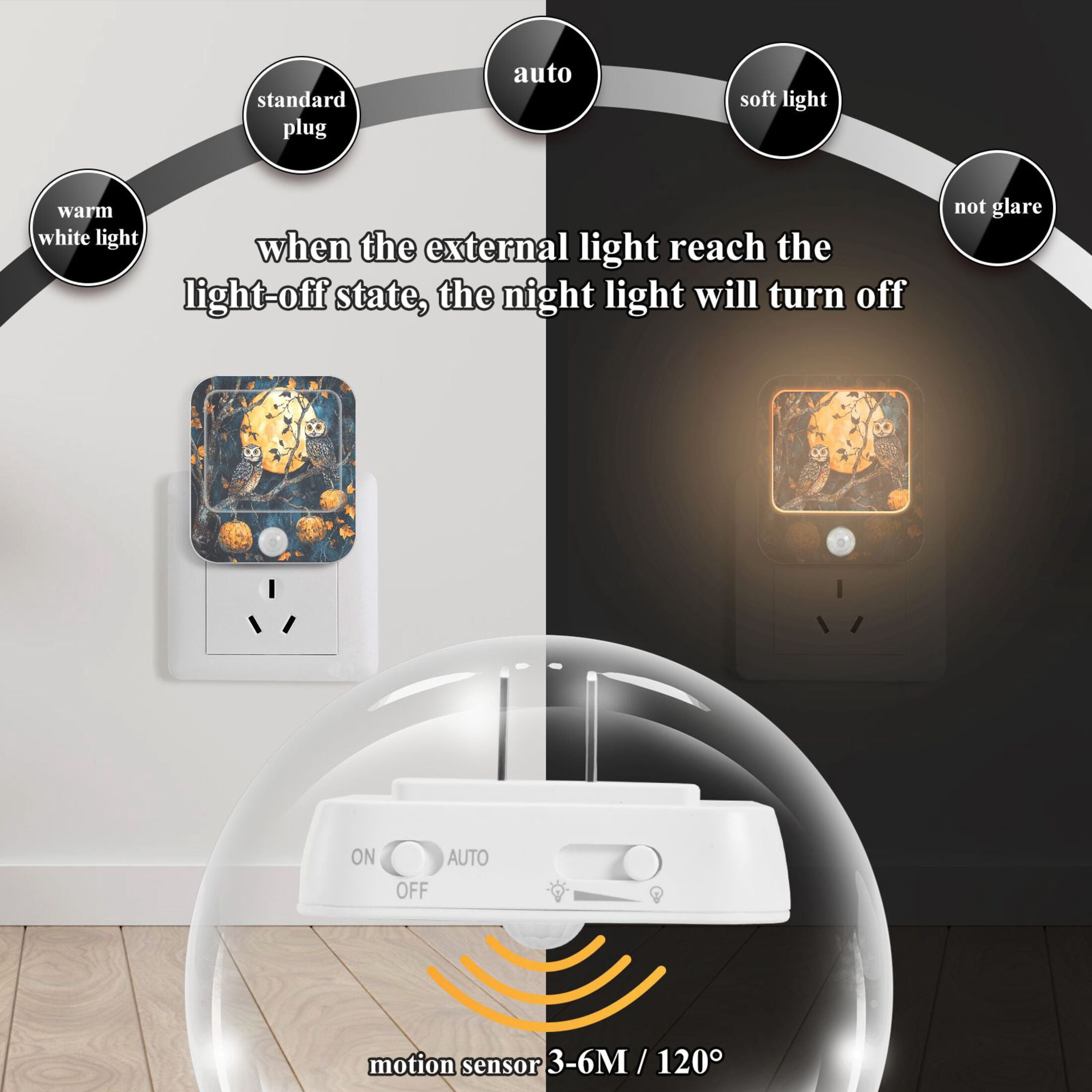 WOBOGO Midnight Owls Night Light Lamp with Smart Sensor Dusk to Dawn Sensor 0.6W Plug-in 2-Pack