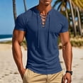 thumbnail image 2 of Men's Waffle Knit Lace up Henley T-Shirt, Short Sleeve Casual Summer Stand up Collar Top Navy, 2 of 9