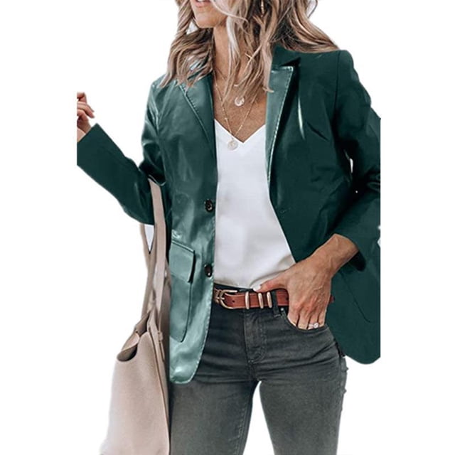 Chaqueta de mujer con cuello vuelto, botonadura única, manga larga, chaqueta femenina transpirable de moda, verde oscuro XL