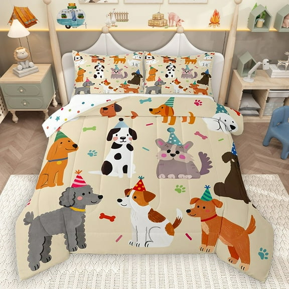 Homewish Cartoon Dogs 2pcs Bedding Comforter Set for Preppy Children Kids,Happy Birthday Twin Comforter Sets,Kawaii Animal Pet Breathable Bedding Set,Microfiber Bedroom Decor,Reversible
