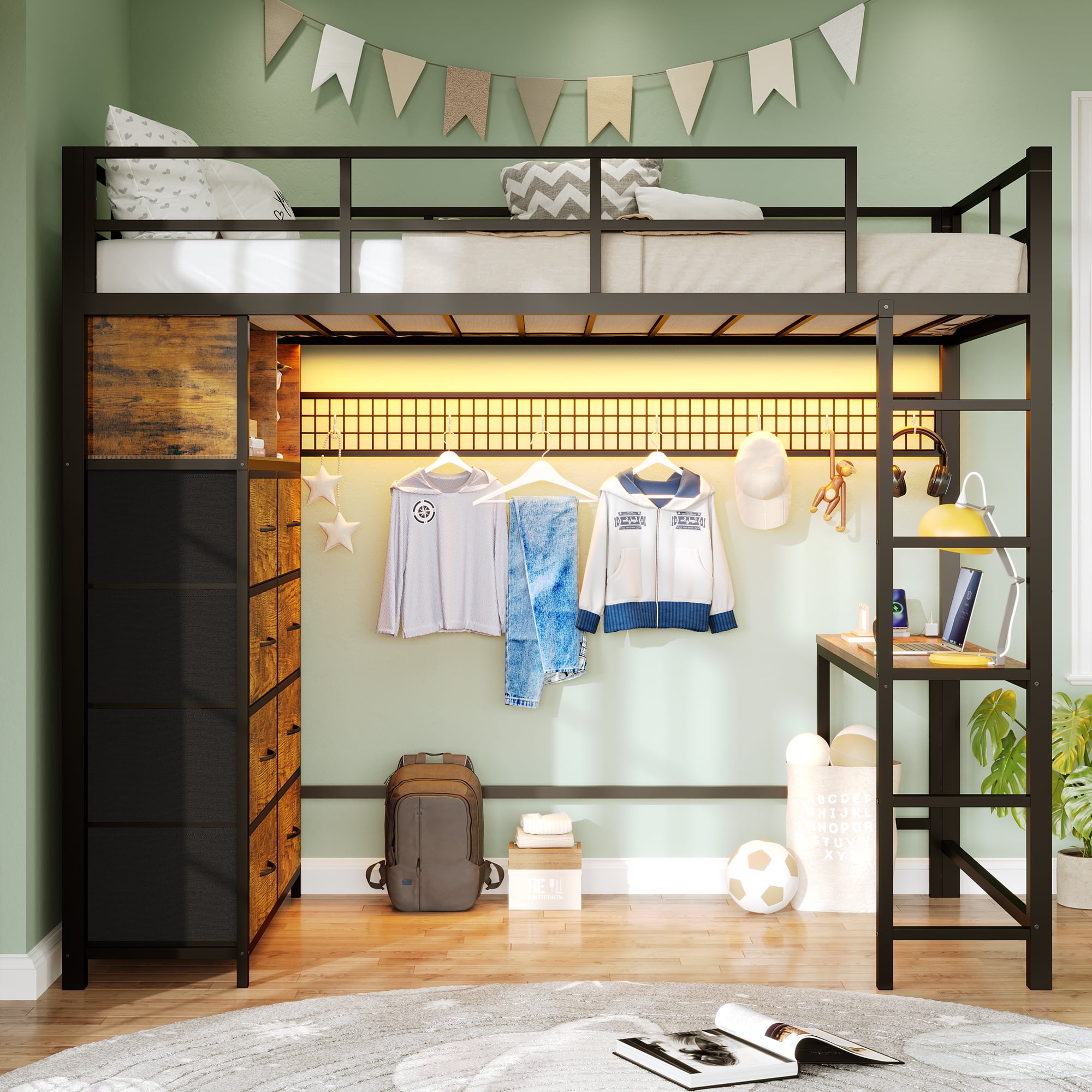 Afuhokles Twin Size Loft Bed with Desk and 8 Storage Drawers and Charging Station, Metal Loft Bed Twin with LED Lights, Storage Shelves, Black