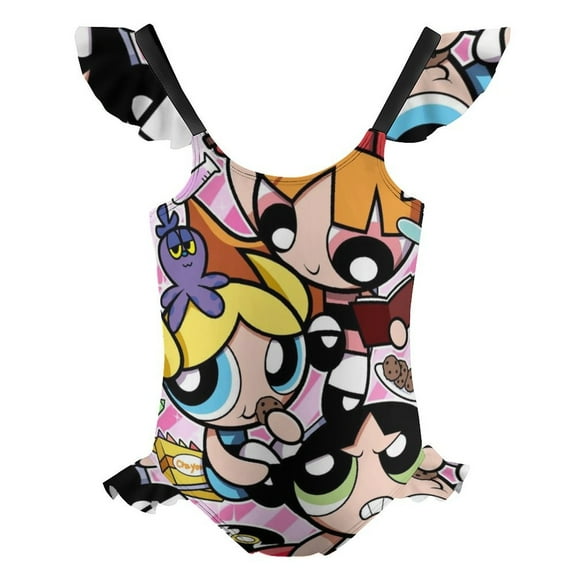 The Powerpuff Girls Girls Swimsuit Ruffle One-piece Beachwear Kids Cute Swimwear Summer Bathing Suit 6-7Y(110cm)