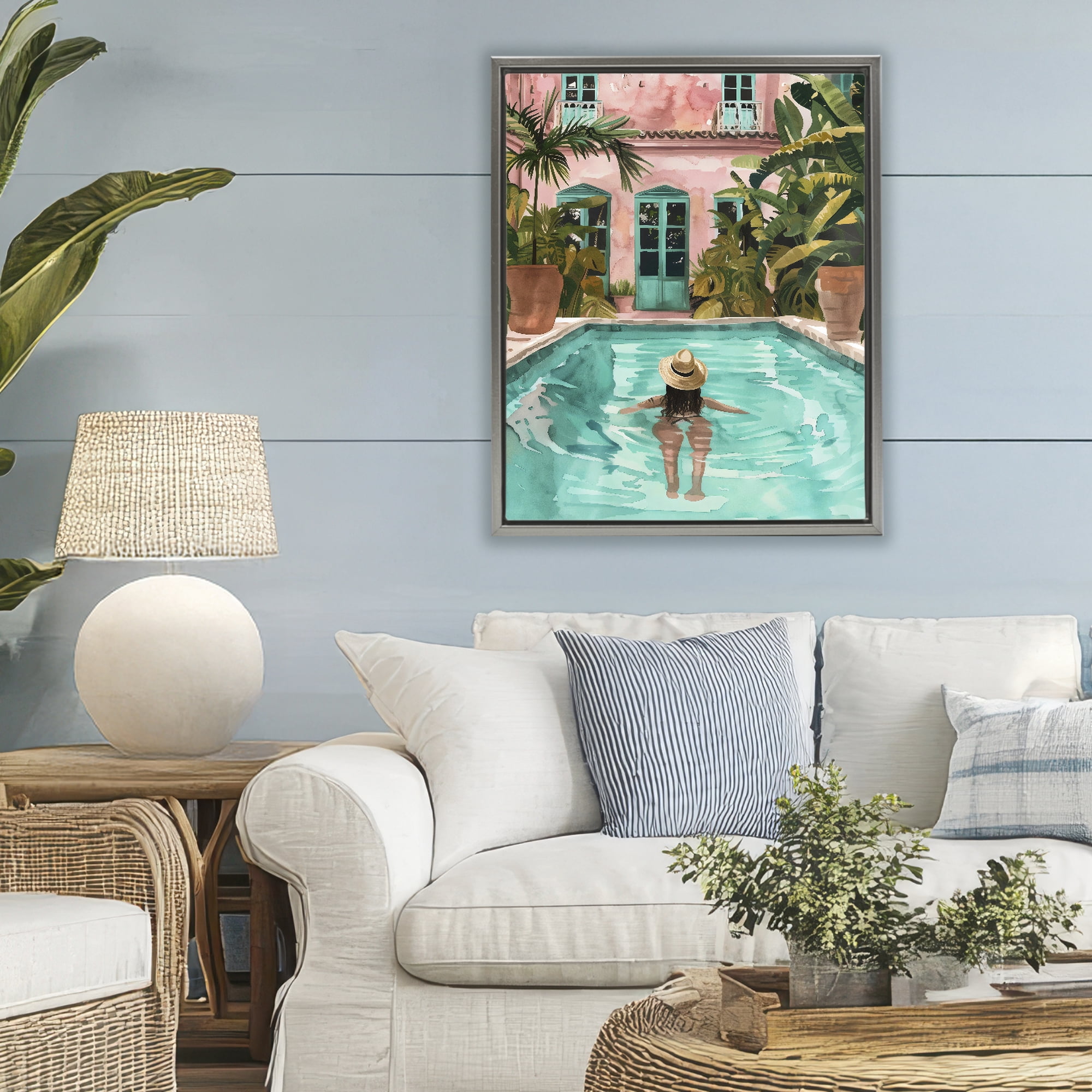 Stupell Industries Girl Swimming In Pool Gray Framed Floater Canvas Wall Art, design by The Prints Vibe