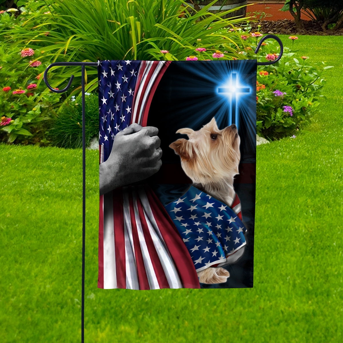 Hand Pulling USA Flag Yorkshire Terrier Dog Wearing Flag American Standing under Cross Christian Patriotic House Flag (12x18) Double Sided-Premium Polyester-Decorative Indoor Outdoor Flag