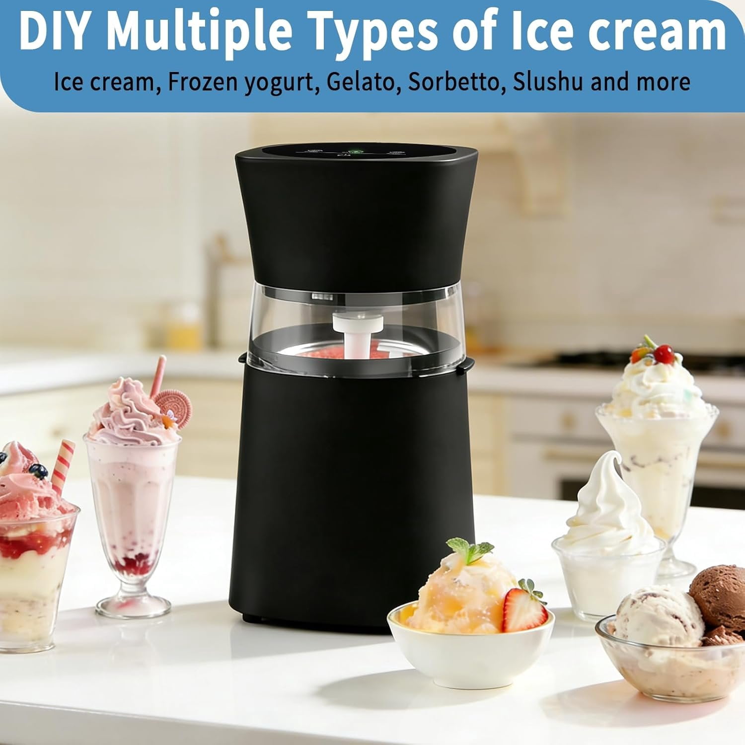 Ice Cream Maker Machine with Pre-Freeze Bowl, Rechargeable Homemade Ice Cream Maker, 20/30 Min Electric Small Ice Cream Machine for Gelato, Frozen Yogurt
