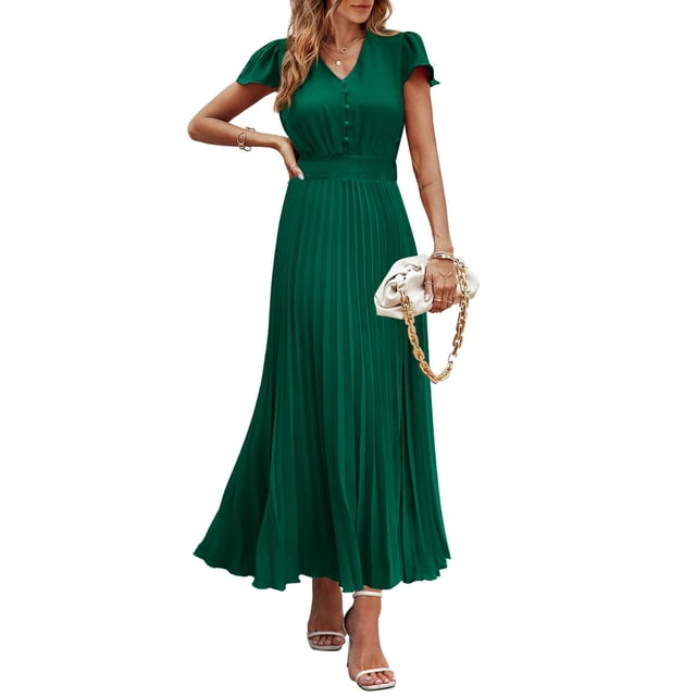 Vestido largo PRETTYGARDEN para mujer, verano, cuello en V, volantes, verde oscuro