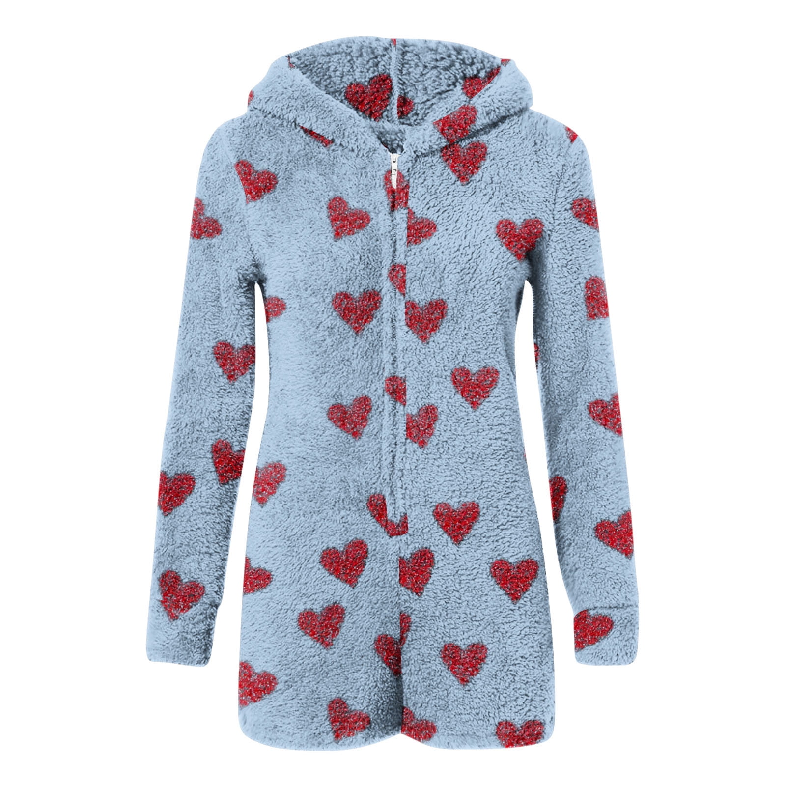 Aobny Valentine's Xmas Pajamas for Women Fleece Sleepwear Blue Long Sleeve Hooded Onesies Shorts Cute Outfits,XXL