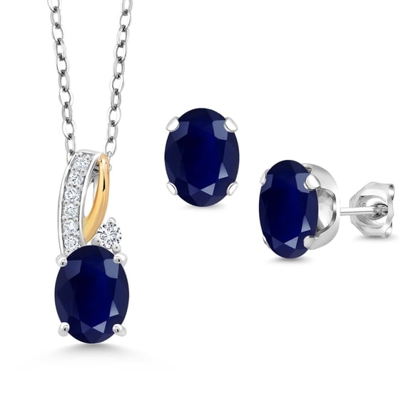 Gem Stone King 925 Sterling Silver and 10K Yellow Gold Blue Sapphire and White Lab Grown Diamond Pendant and Earrings Jewelry Set for Women (5.49 Cttw, with 18 inch Chain)