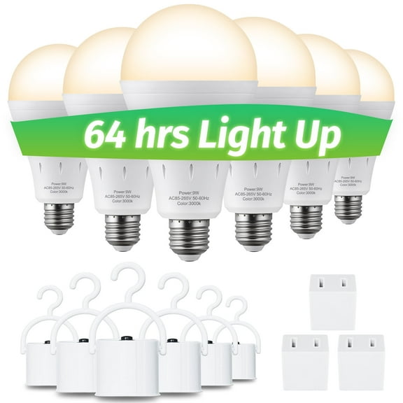 6Pcs Rechargeable Light Bulbs, Emergency LED Light Bulbs, 9W 3000K 1200mAh E26 Battery Operated Light Bulb with Hook for Home and Outdoor