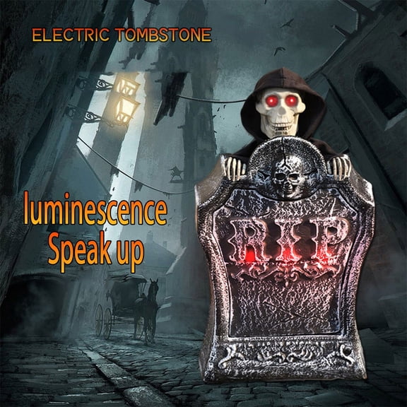 MInHoues 18.9 Inch Animated Lighted RIP Tombstone Halloween Prop, Sound Activated Moving Reaper Skull Gravestone with Glowing Red Eyes for Indoor Outdoor Yard Horror Party Decor