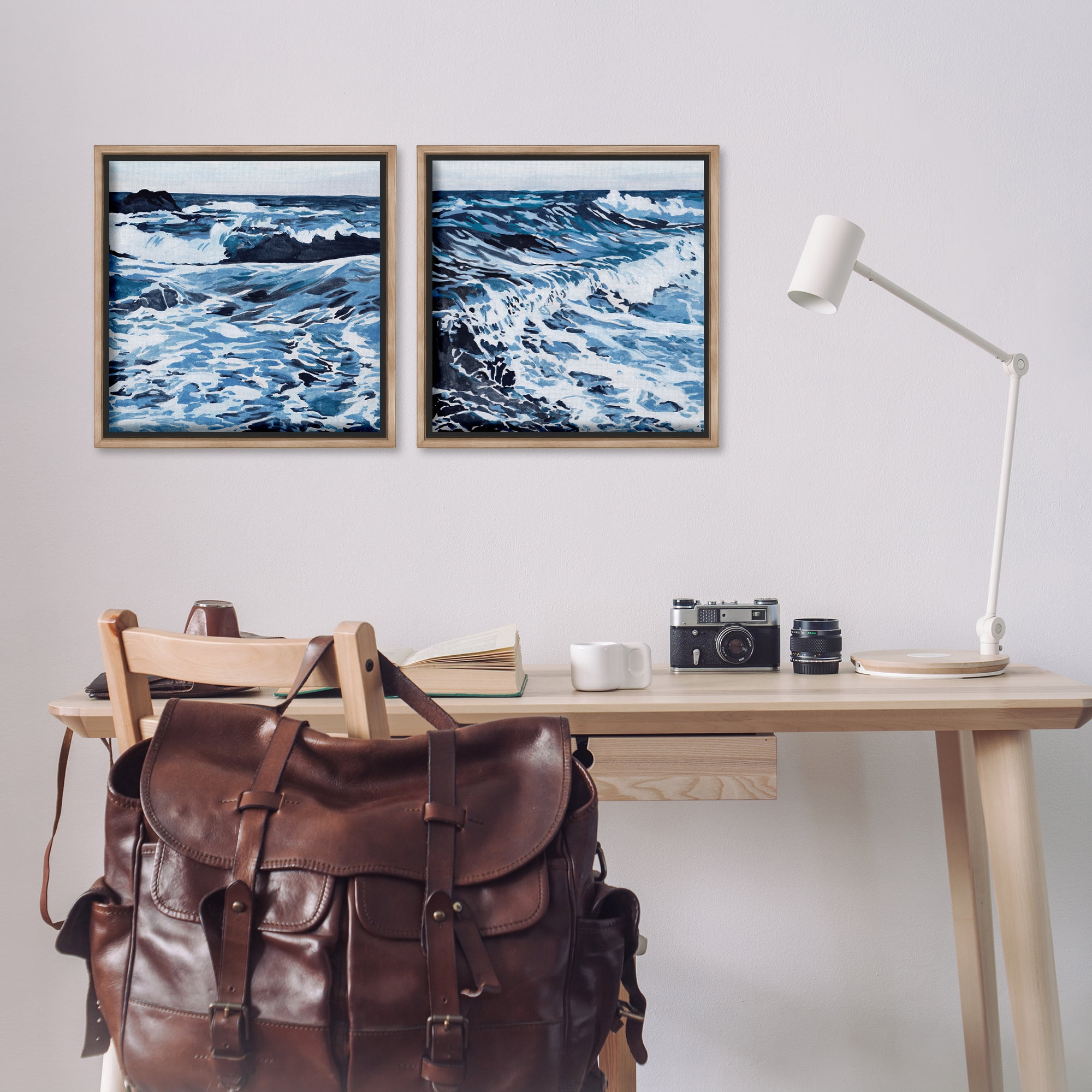 Stupell Industries Breaking Ocean Waves Nautical & Beach Painting Brown Floater Framed Canvas Art Print Wall Art, 18 x 18, Set of 2