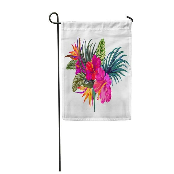 POGLIP Beach Vector Tropical Bouquet Leaf Hawaii Frame Isolated Hibiscus Bird Garden Flag Decorative Flag House Banner 12x18 inch