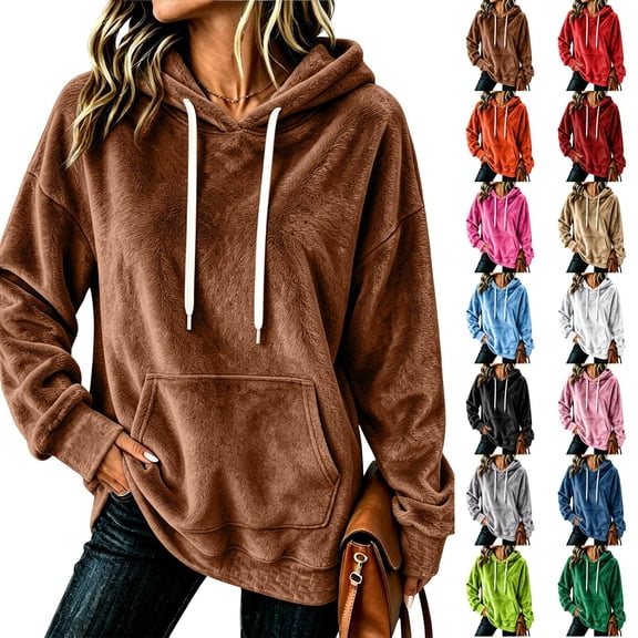Hearthz Women Fuzzy Plush Drawstring Hoodie Solid Color Drop Shoulder Fleece Lined Hoodie Women Fall Winter Warm Sweatshirt for Women with Pocket White M