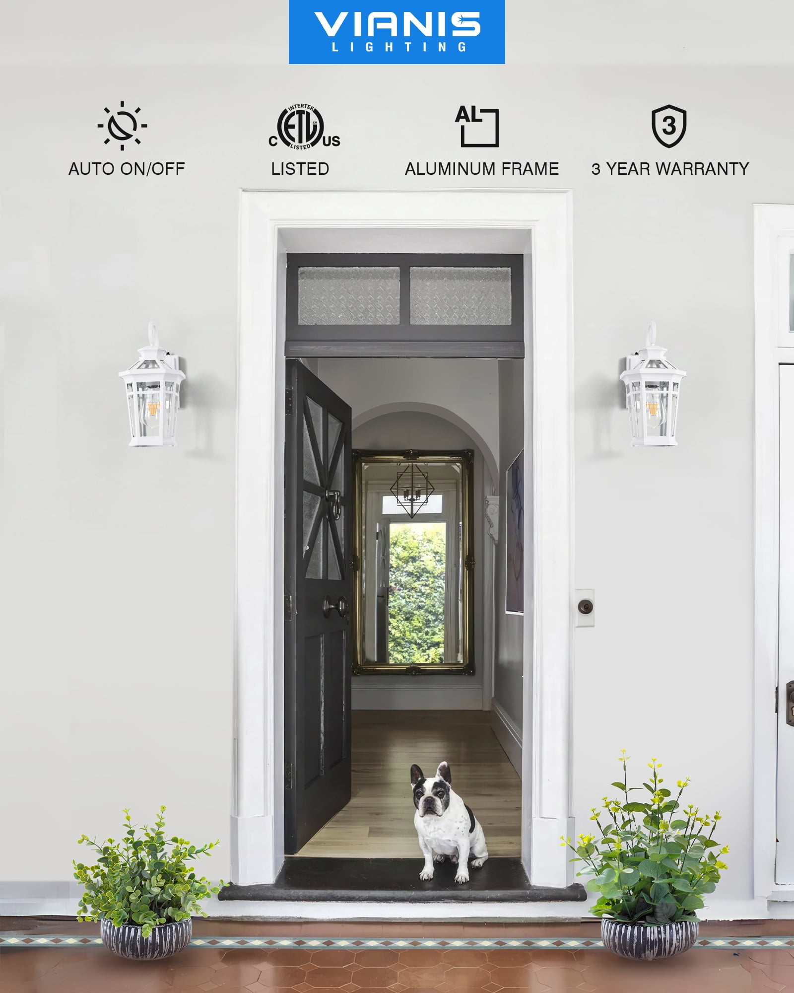 Dawn to Dusk Outdoor Light Fixture, White Front Porch Lights Wall Mount, Exterior Sconce Light with E26 Socket, Anti-Rust Coach Lights for Garage, Waterproof Outdoor Lighting for House, Patio