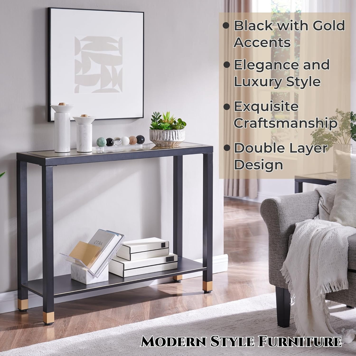 2-Tier Glass Entryway Console Table, Narrow Sofa Table with Storage Shelf, Tempered Glass Foyer Table with Gold & Black Metal Frame, Modern Accent Table for Hallway Living Room Corridor Office