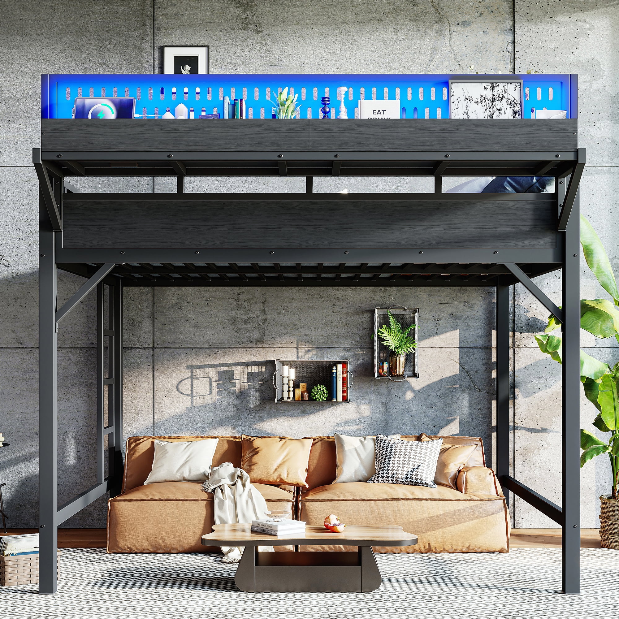 Leumius Queen Size Loft Bed with Storage Shelves and Pegboard,Metal Loft Bed Frame with USB Ports and LED Lights,Black