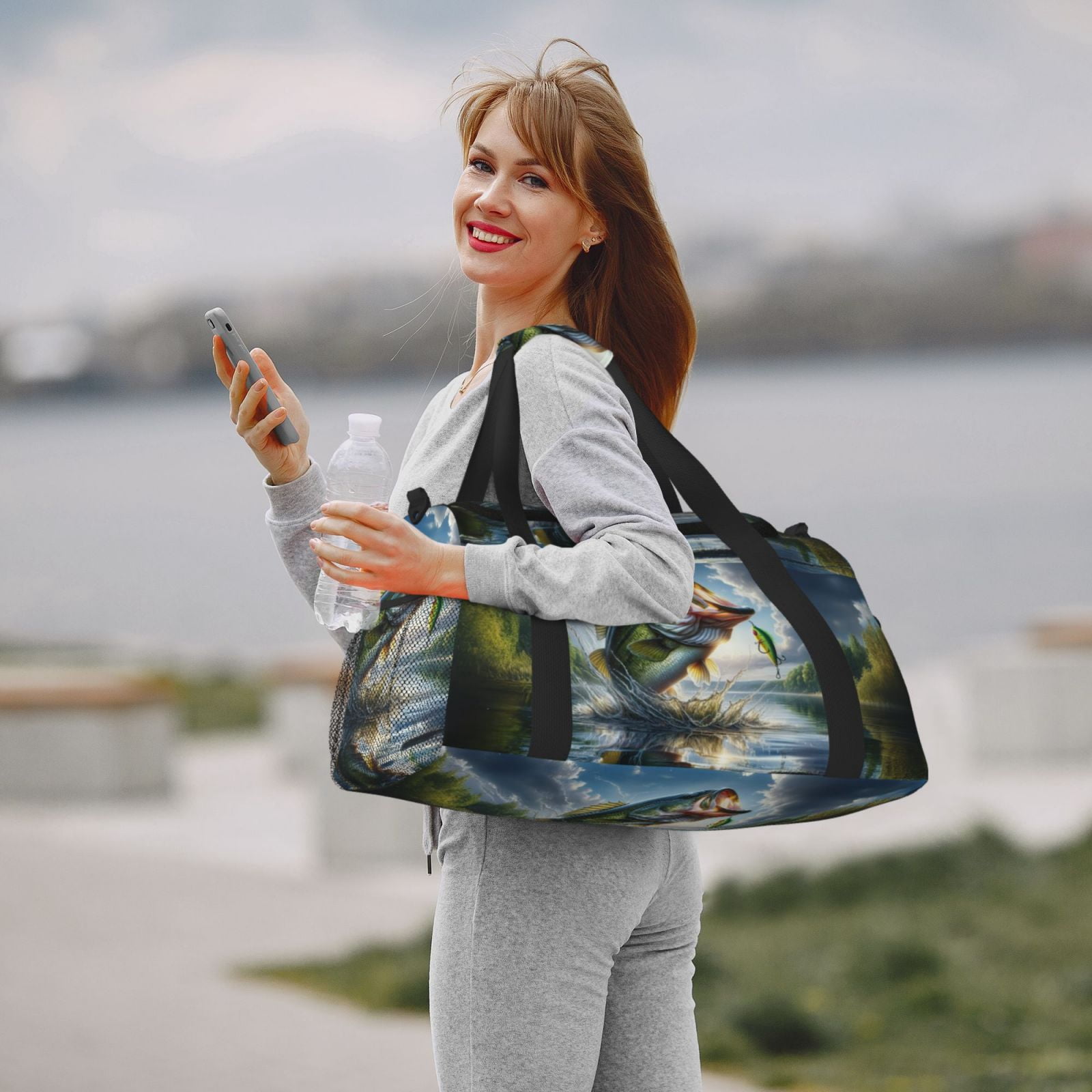 Defioc Largemouth Bass Jumping Out of The Water Print Hand Travel Bag - Foldable Travel Duffel Bags for Men Women -Sport Gym Bag - Overnight Travel Duffel Bag - Adjustable Shoulder Strap