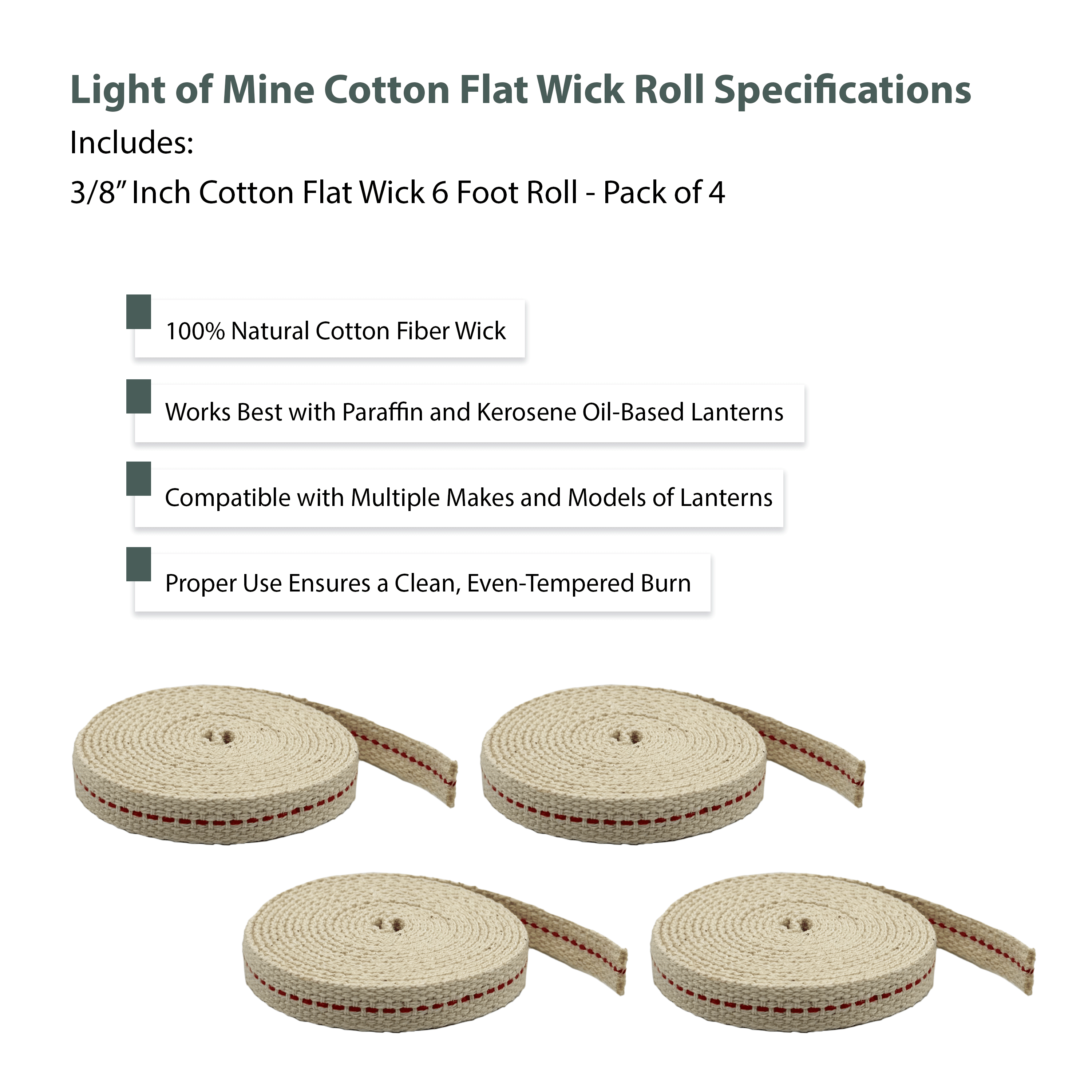 Light Of Mine 3/8" Inch 100% Cotton Flat Wick 6 Foot Roll for Paraffin Oil or Kerosene Based Lanterns and Oil Lamps with Genuine Red Stitch - Pack 4