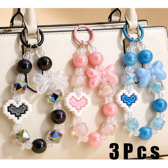 3 Pcs Cute Beaded Bag Charms, Kawaii Pixel Heart Bow Iridescent Bead Keychain with Spring Ring Clasp, Aesthetic Purse Handbag Backpack Phone Case Car Key Ring Decor Accessories for Women Girls Teens