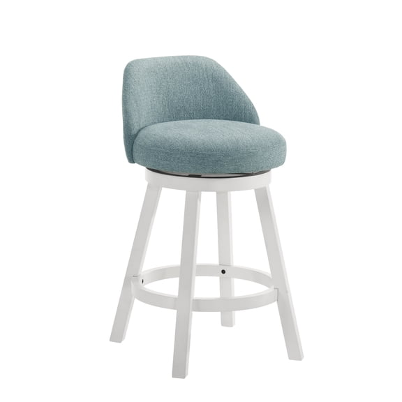 Erika Modern Transitional Swivel Wood Counter Height Kitchen Bar Stool in White Finish with Light Blue Fabric Upholstered Seat - Set of 2