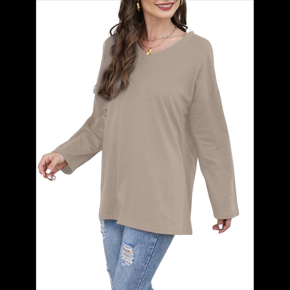 Blusas de Mujer de Larga con Cuello en V, Túnicas Casuales, Camisas Básicas, Blusas Holgadas Albaricoque M