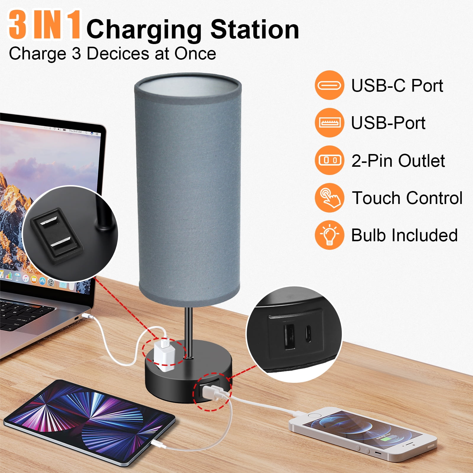 Table Lamps for Bedroom, 3 Way Dimmable Touch Control Bedside Lamp with USB C+A Fast Charging Ports, Nightstand Lamp for Office, Living Room, Reading(E26 Light Bulb Included), Grey