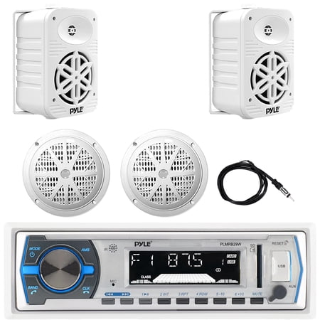 Pyle PLMRB29W Single DIN Marine Bluetooth USB/AUX MP3 Player AM/FM Radio In-Dash Stereo White Receiver 2x 5.25 500W Max Indoor/Outdoor Speakers 2x 4 100W Max Dual Cone Speakers Radio Antenna