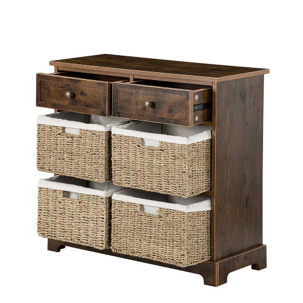 Knocbel Farmhouse Wicker Storage Cabinet with 2 Drawers and 4 Baskets,  Living Room Bedroom Wooden Chest of Drawers, Fully Assembled, 28 W x 11.8  D x