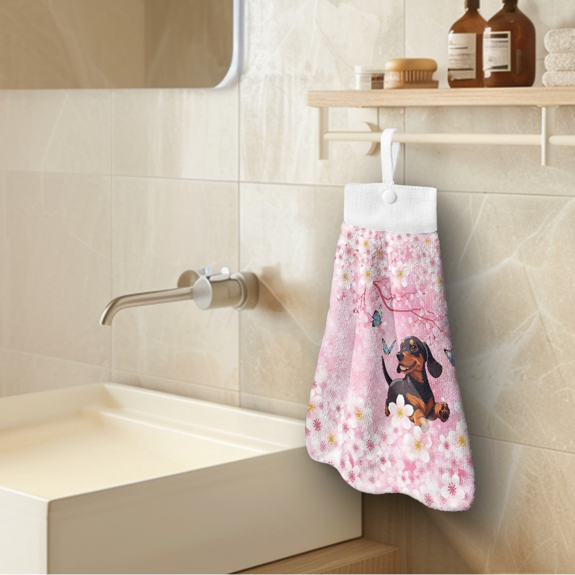 ZIATUBLE Cherry Blossom Kitchen Hanging Towels Dachshund Butterfly Hand Towels Loop Pack of 3 Absorbent Hand Towels for Bathroom Lightweight Dish Towel Hand Towels Soft Dish Tie Towel