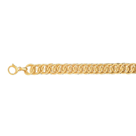 14K Yellow Gold 12mm Shiny+Textured Double Round Woven Type Link Fancy Bracelet with Lobster Clasp