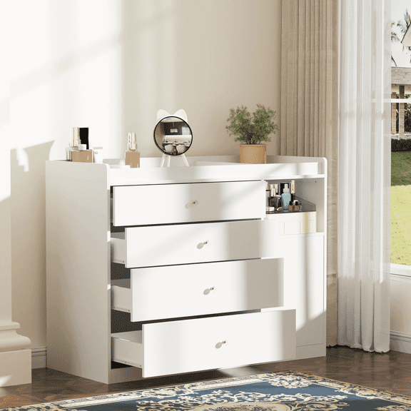 4 Drawer White Dresser, 45.28 '' Modern Storage Cabinet for Bedroom, Chest of Drawers Wood Organizer for Living Room