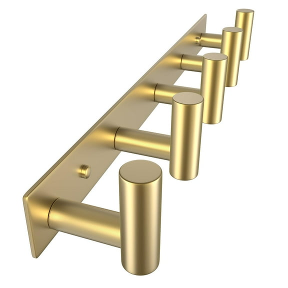 Hat and Coat Wall Mount Rack - Hooks for Robes, Bags, Keys, and Towels - Bathroom Towel Hanger Organizer (Gold, “T“ Shape 5 Hooks 1 Pack)