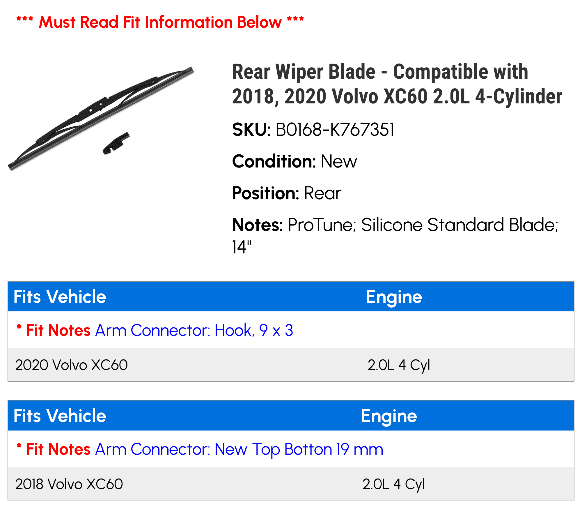 Rear Wiper Blade - Compatible with 2018, 2020 Volvo XC60 2.0L 4-Cylinder