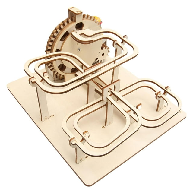 Ruiboury Mechanical Roller Coaster Model Building Kits featuring a 3D wooden puzzle design. The model showcases a mechanical marble run with interconnected tracks and gears, converting potential energy into dynamic energy as marbles descend. Made from environmentally friendly wood, the smooth and detailed construction offers a fun DIY assembly experience. Dimensions are 19cm x 17cm x 11.5cm (7.48in x 6.69in x 4.53in). Suitable for teens and adults, this educational kit enhances hand-eye coordination and creativity.