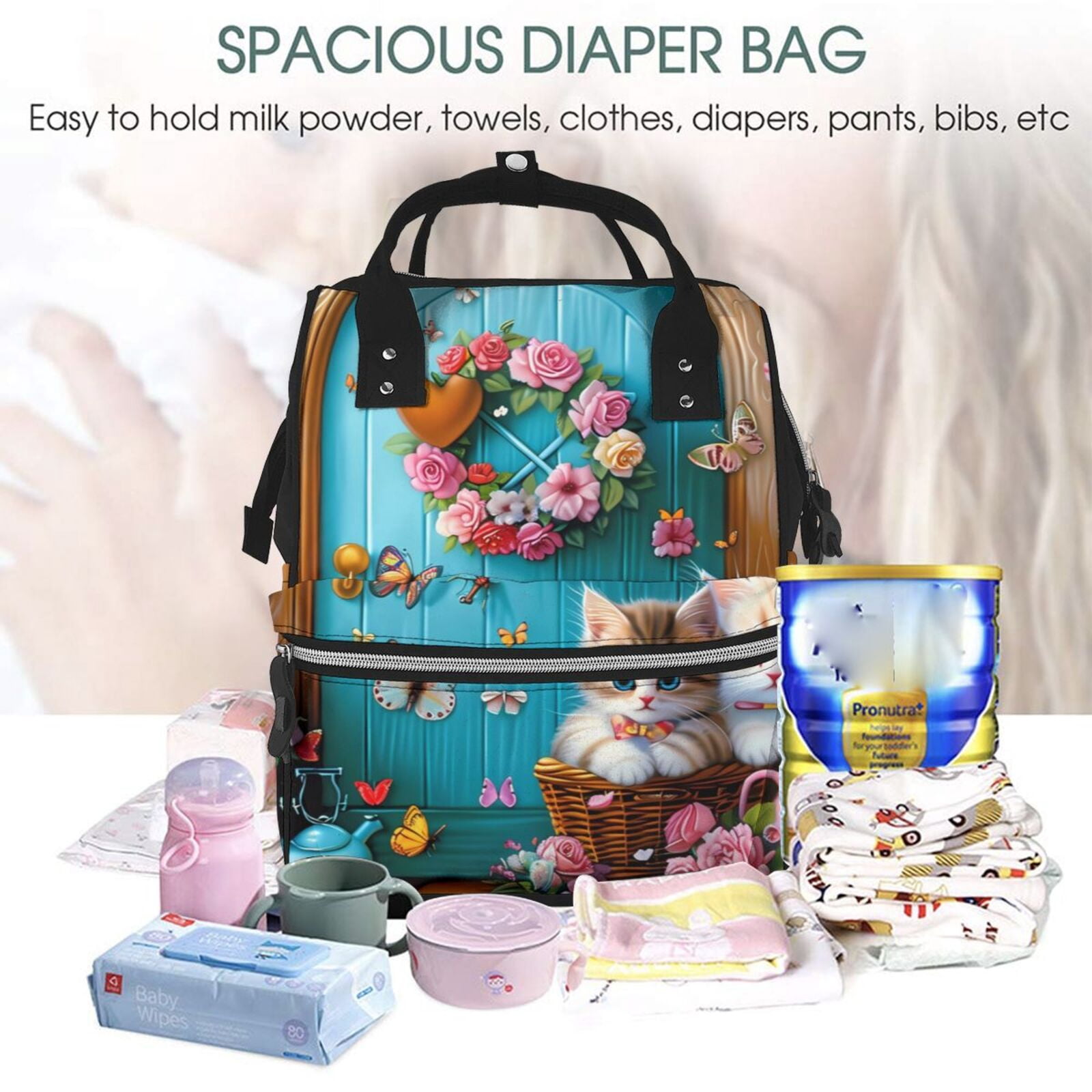 Fuzoiu Whimsical Cats and Flowers Scene Print Diaper Bag Backpack,Baby Essentials Travel Tote,Multi function Waterproof Diaper Bag, Travel Essentials Baby Bag - Unisex