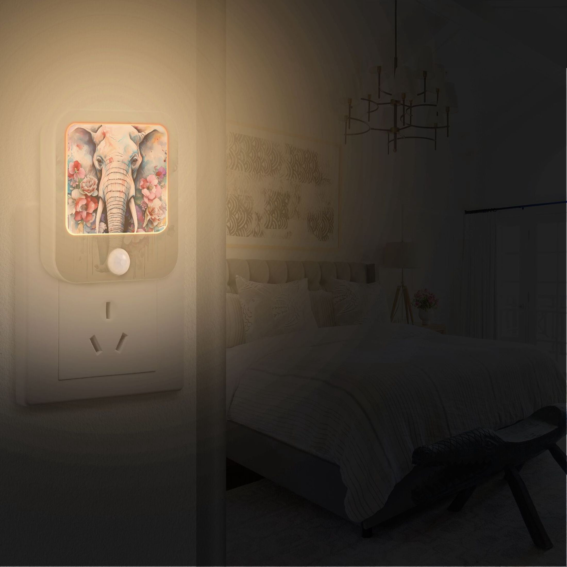 Elephant Head Flowers Night Lights Plug into Wall LED with Auto Light Sensor Warm Light for Kids Hallway Bedroom Living Room Kitchen Bathroom Set of 2