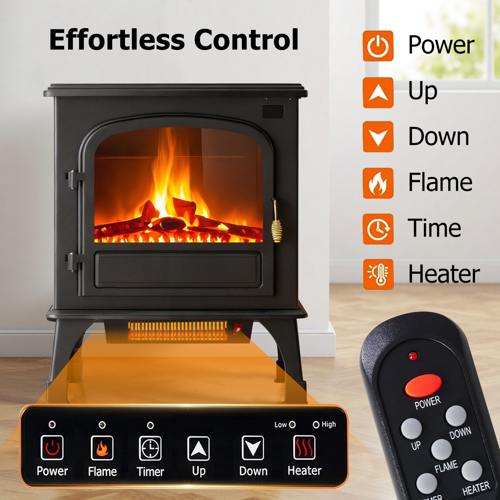 Atilioo 26" Electric Fireplace Stove, Freestanding 3D Flame Energy Saving Space Heater with Remote, Overheating Protection, 12H Timer, Single Door, Black Metal
